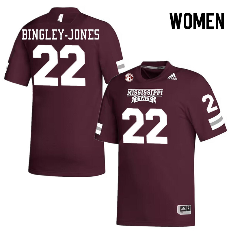 Women #22 Kedrick Bingley-Jones Mississippi State Bulldogs College Football Jerseys Stitched-Maroon